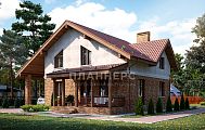 Проект коттеджа с мансардой, навесом для гаража, террасой и балконом над входом