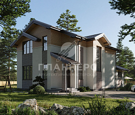 Проект двухэтажного дома с угловым крыльцом и лестничным эркером