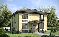 Проект двухэтажного дома с вальмовой крышей, большой террасой и совмещенным помещением кухни-гостиной
