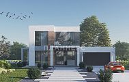 Проект современного дома кубической формы с пристроенным гаражом и большими окнами