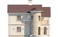 Проект двухэтажного дома с двухскатной крышей, эркером и большим балконом