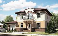 Проект двухэтажного дома с балконом, террасой и оригинальной отделкой