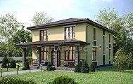 Проект двухэтажного дома с вальмовой крышей, большой террасой и совмещенным помещением кухни-гостиной