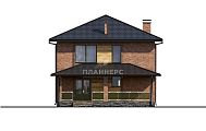Проект компактного двухэтажного дома с большой террасой, балконом и отделкой облицовочным кирпичом