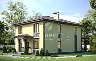 Проект двухэтажного дома с вальмовой крышей, большой террасой и совмещенным помещением кухни-гостиной