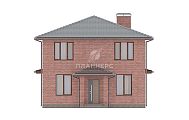 Проект классического двухэтажного дома с крыльцом, террасой и отделкой красным кирпичом