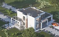 Проект современного дома кубической формы с пристроенным гаражом и большими окнами