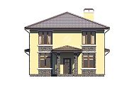 Проект двухэтажного дома с вальмовой крышей, большой террасой и совмещенным помещением кухни-гостиной