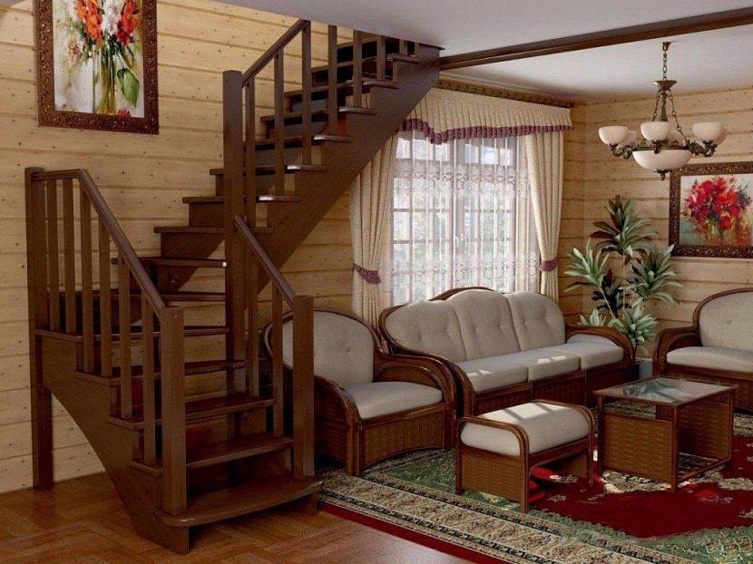 Деревянная лестница дополнит интерьер гостиной